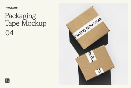 Cardboard box packaging tape mockup with realistic shadows for product presentation, design showcase, editable PSD template for designers.